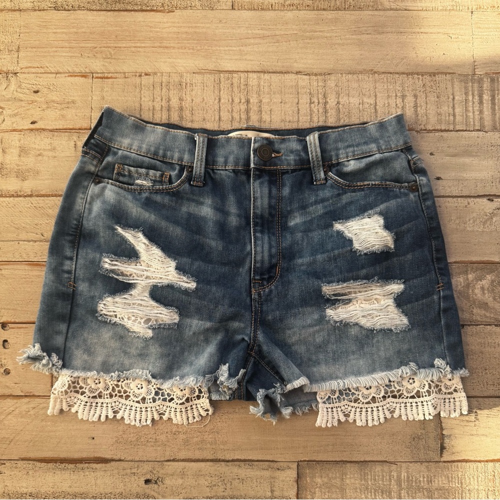 Mudd Blue Distressed Jean Shorts with Lace Trim